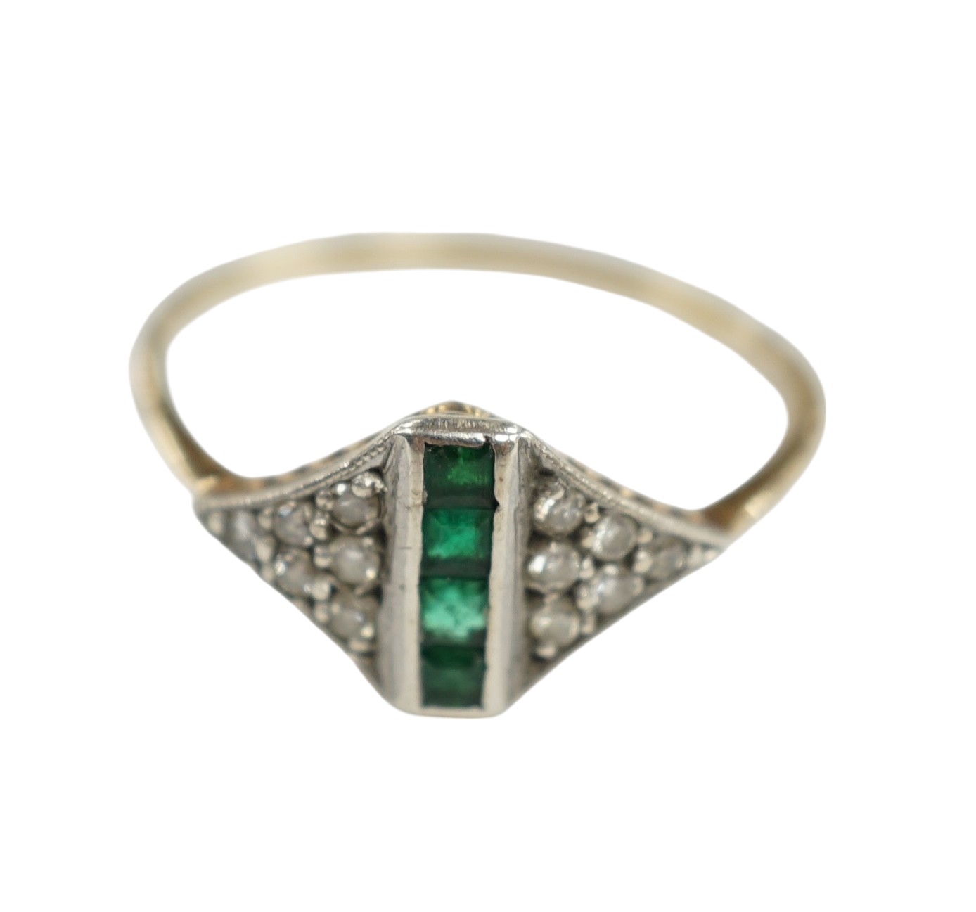 A small early 20th century 15ct, emerald and diamond cluster set ring, size P, gross weight 1.6 grams. Condition - fair